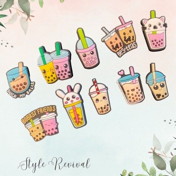 10 Pc Boba Croc Shoe Charm Jibbitz - Boba Tea Milk Cartoon 10 Pc Set - Picture 3 of 6